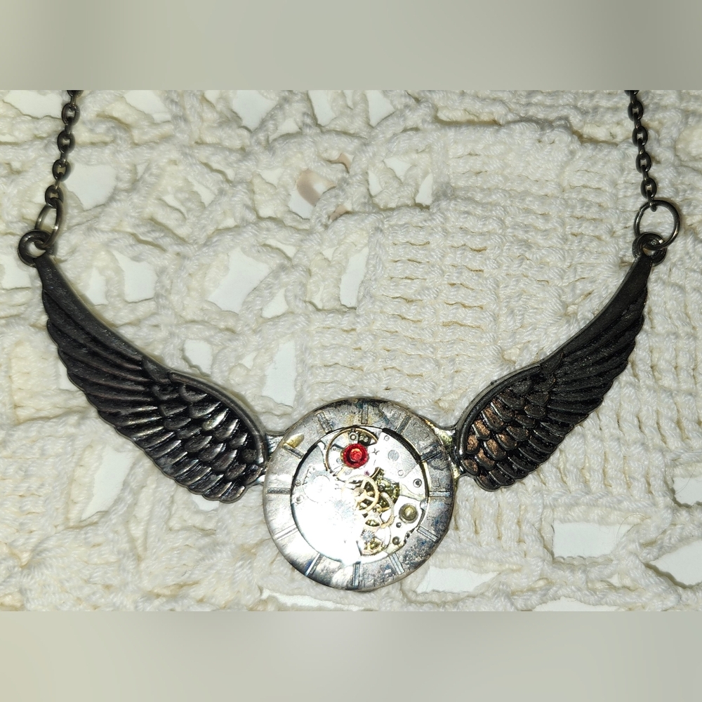 Steampunk Winged Necklace with Silver and Black Accents